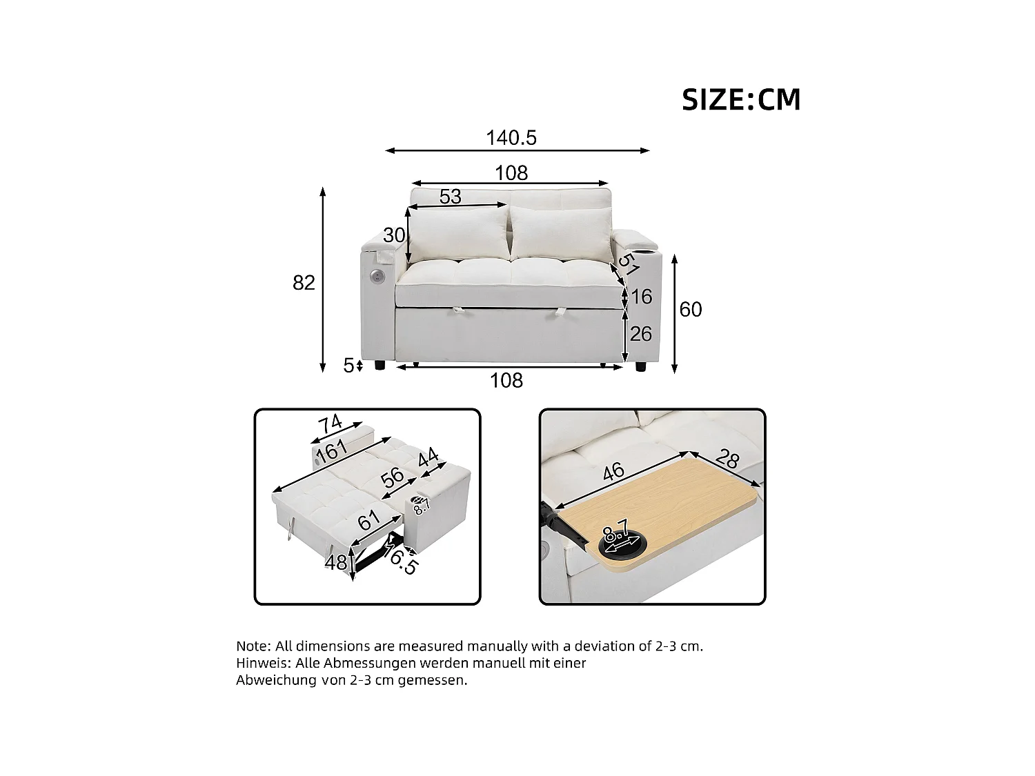 Canapé convertible 2 personnes 140.5x74x82 cm - Dossier réglable - Port USB - Porte-gobelet - Petite table d'appoint - Beige