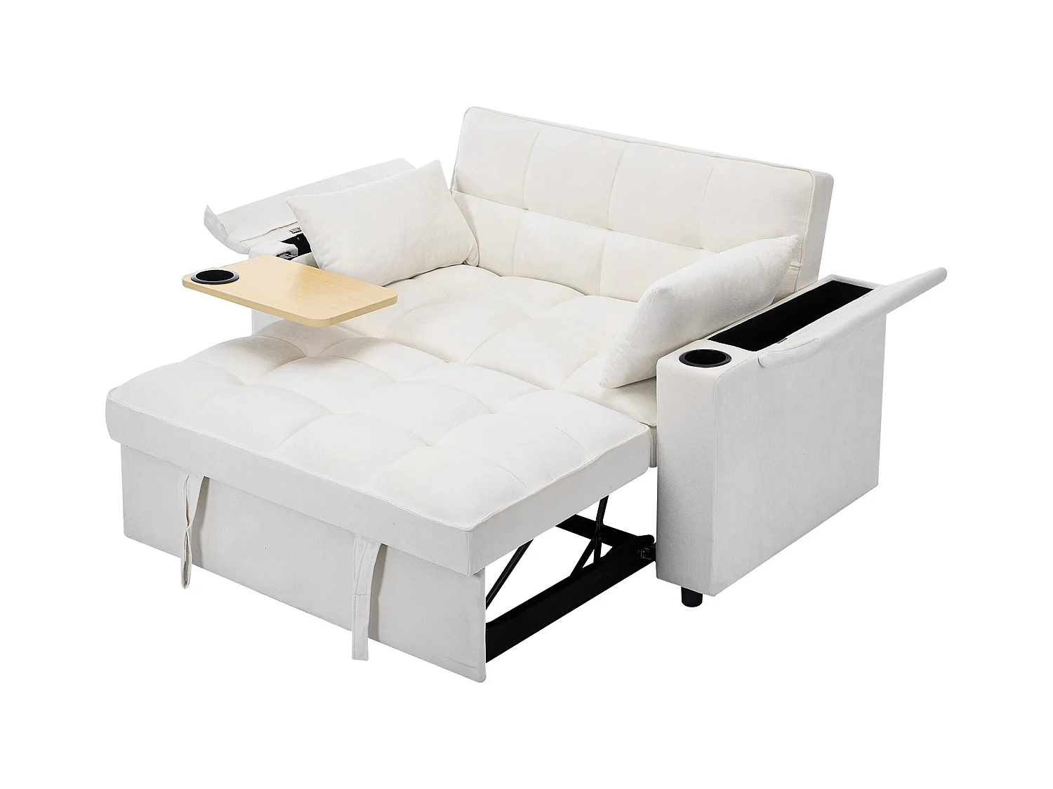 Canapé convertible 2 personnes 140.5x74x82 cm - Dossier réglable - Port USB - Porte-gobelet - Petite table d'appoint - Beige