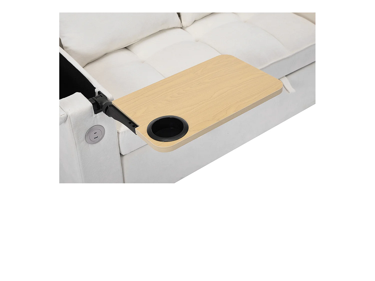 Canapé convertible 2 personnes 140.5x74x82 cm - Dossier réglable - Port USB - Porte-gobelet - Petite table d'appoint - Beige