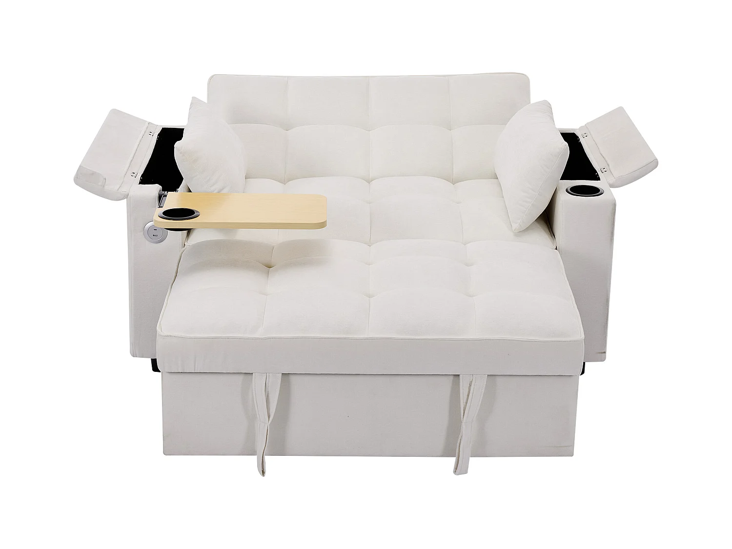 Canapé convertible 2 personnes 140.5x74x82 cm - Dossier réglable - Port USB - Porte-gobelet - Petite table d'appoint - Beige