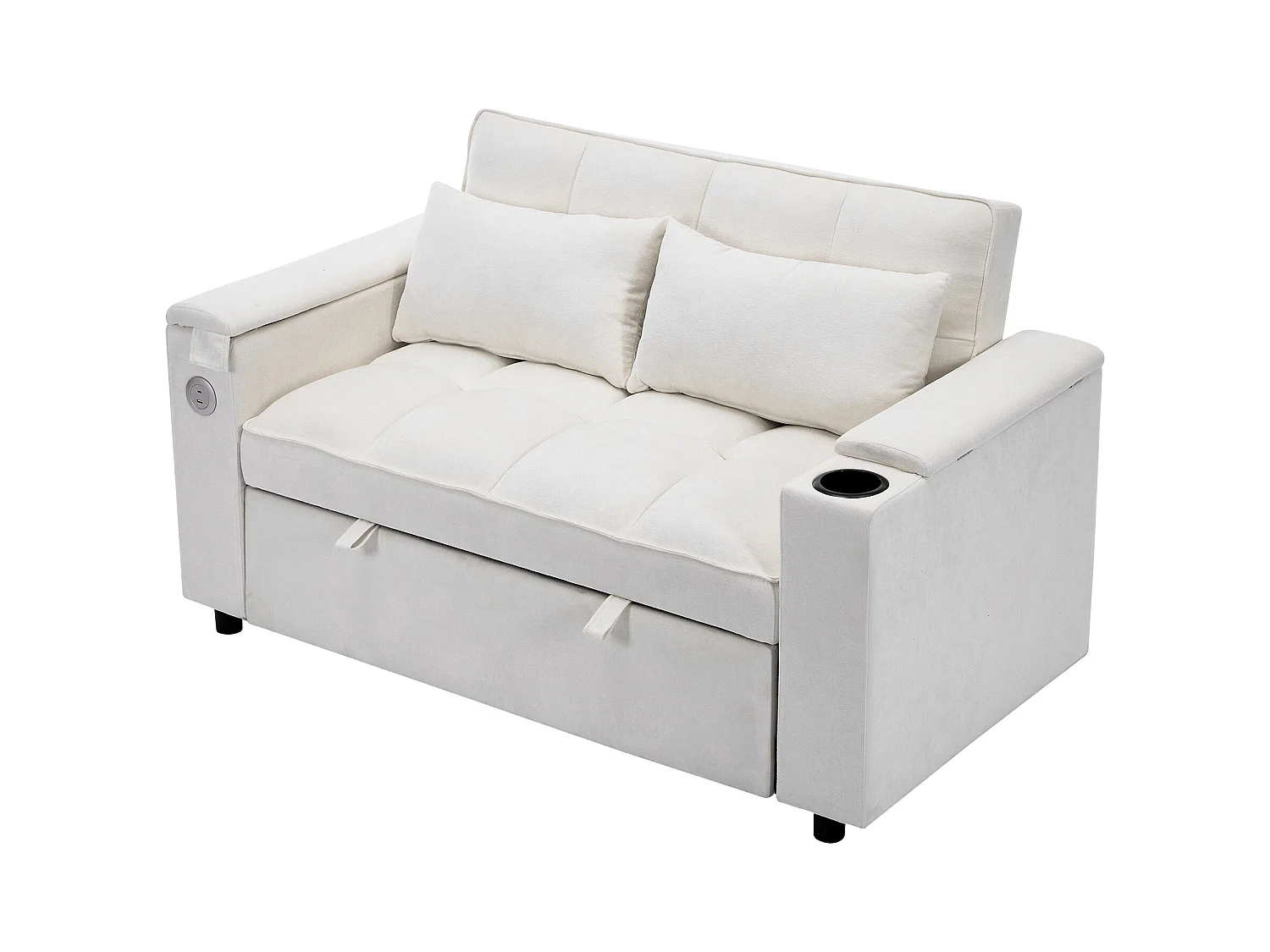 Canapé convertible 2 personnes 140.5x74x82 cm - Dossier réglable - Port USB - Porte-gobelet - Petite table d'appoint - Beige