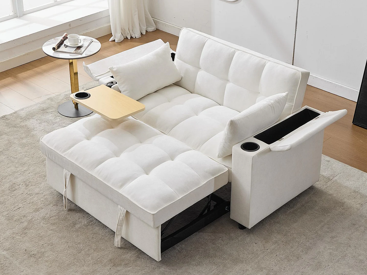 Canapé convertible 2 personnes 140.5x74x82 cm - Dossier réglable - Port USB - Porte-gobelet - Petite table d'appoint - Beige