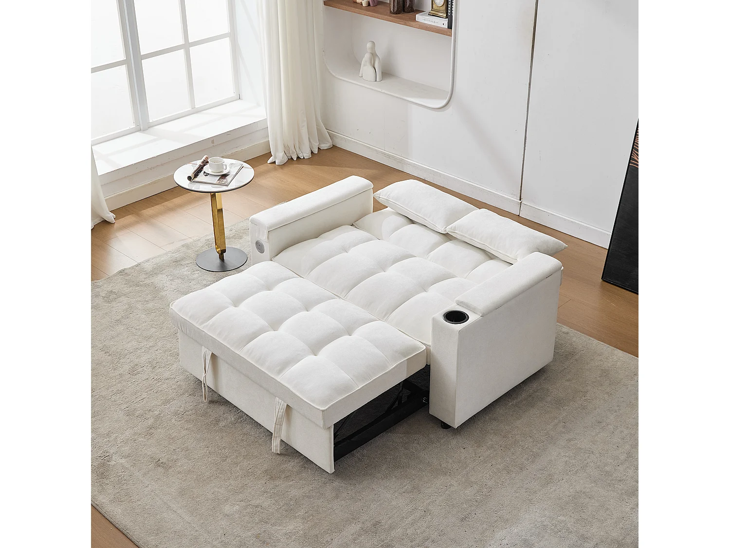 Canapé convertible 2 personnes 140.5x74x82 cm - Dossier réglable - Port USB - Porte-gobelet - Petite table d'appoint - Beige