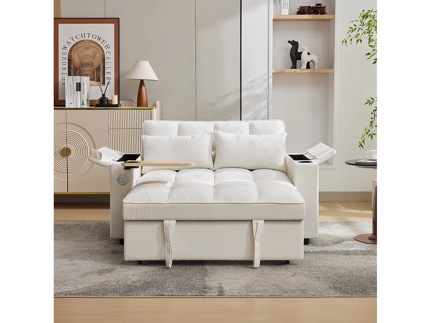 Canapé convertible 2 personnes 140.5x74x82 cm - Dossier réglable - Port USB - Porte-gobelet - Petite table d'appoint - Beige