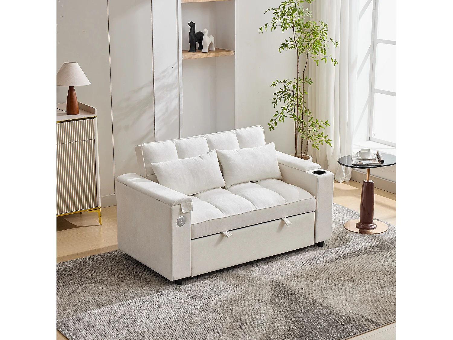 Canapé convertible 2 personnes 140.5x74x82 cm - Dossier réglable - Port USB - Porte-gobelet - Petite table d'appoint - Beige