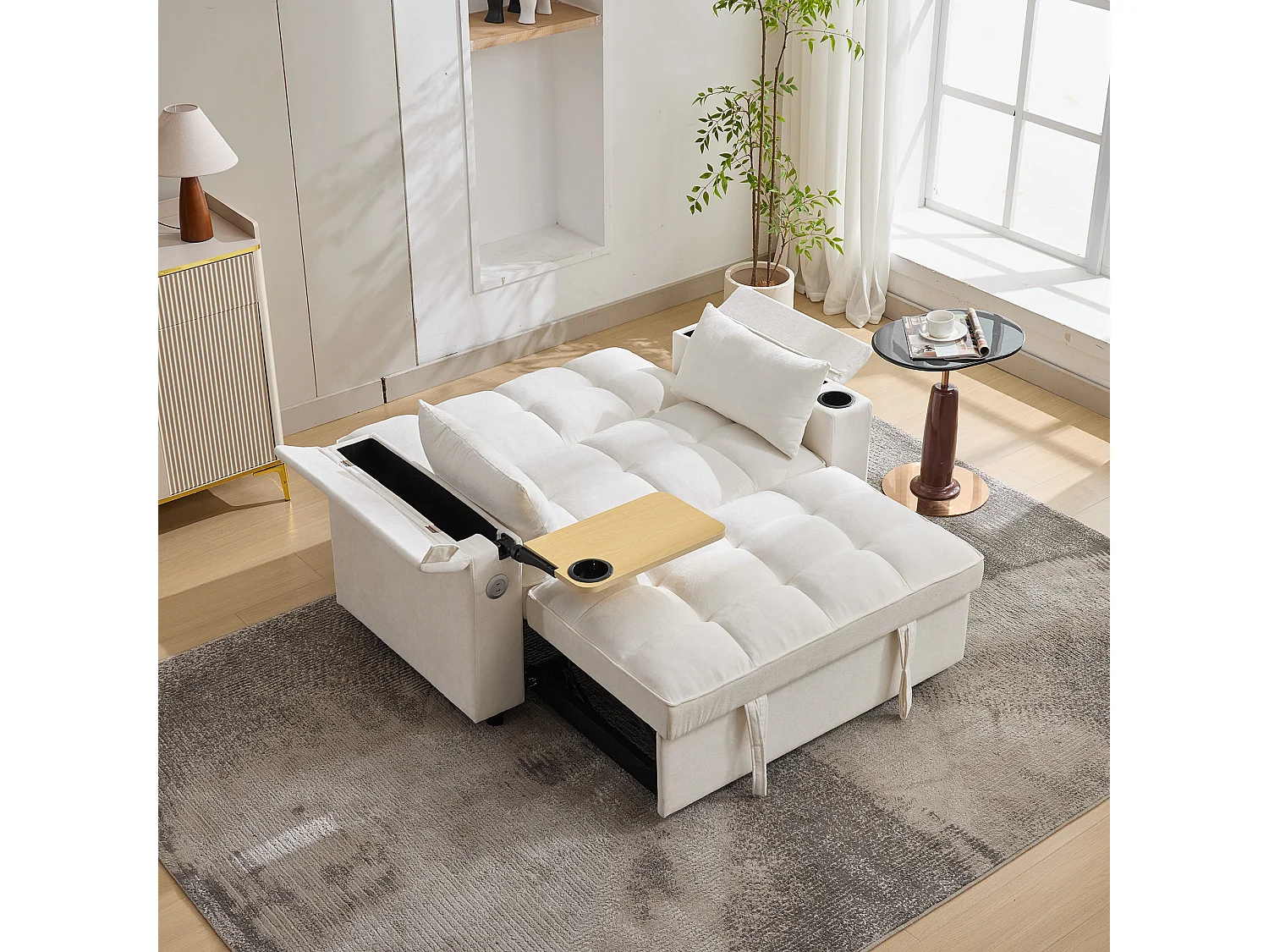 Canapé convertible 2 personnes 140.5x74x82 cm - Dossier réglable - Port USB - Porte-gobelet - Petite table d'appoint - Beige