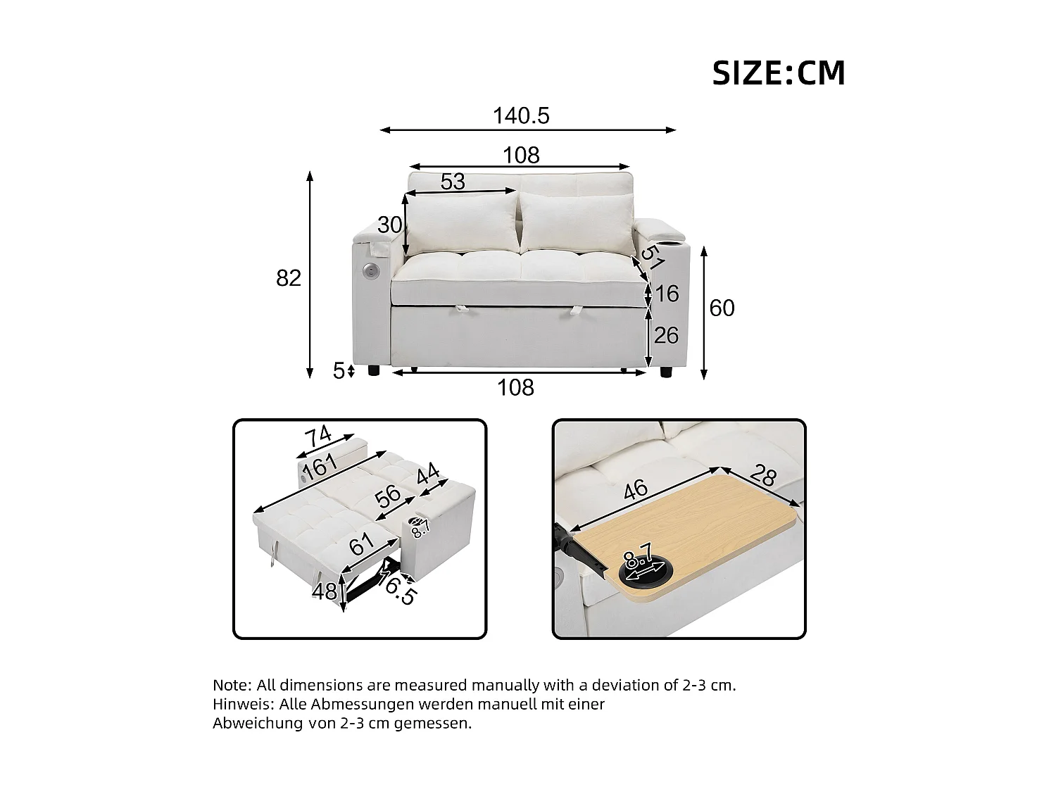 Canapé convertible 2 personnes 140.5x74x82 cm - Dossier réglable - Port USB - Porte-gobelet - Petite table d'appoint - Beige