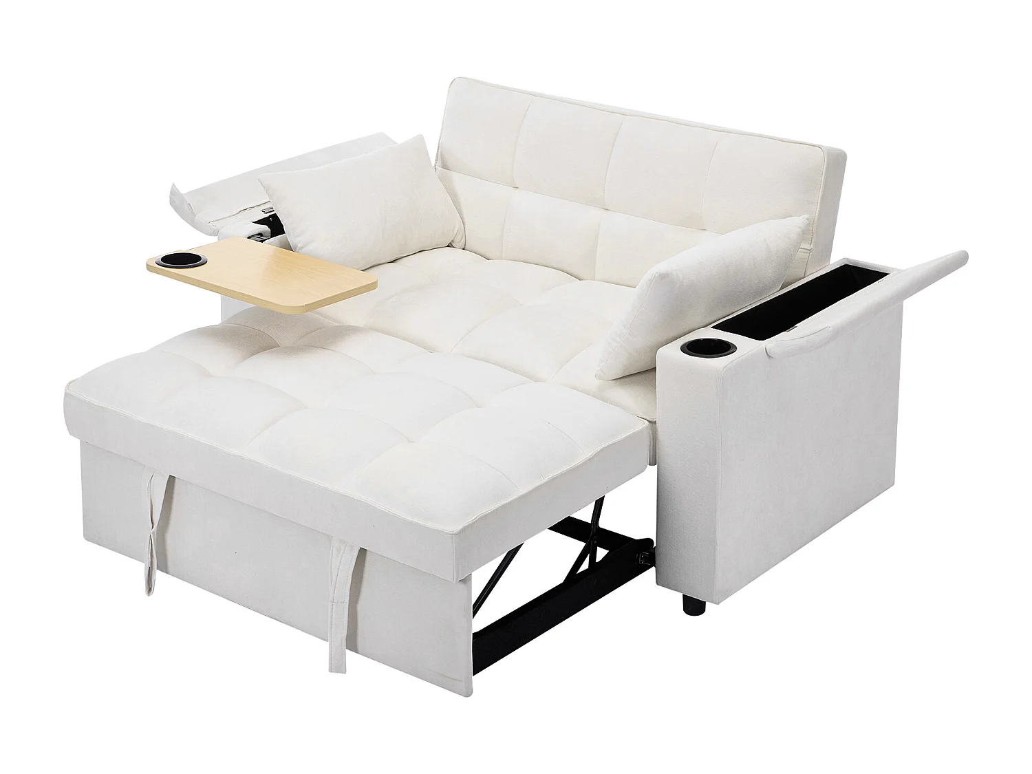 Canapé convertible 2 personnes 140.5x74x82 cm - Dossier réglable - Port USB - Porte-gobelet - Petite table d'appoint - Beige