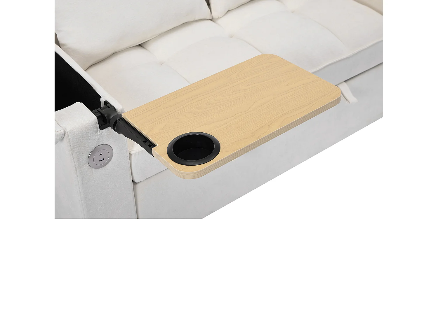 Canapé convertible 2 personnes 140.5x74x82 cm - Dossier réglable - Port USB - Porte-gobelet - Petite table d'appoint - Beige