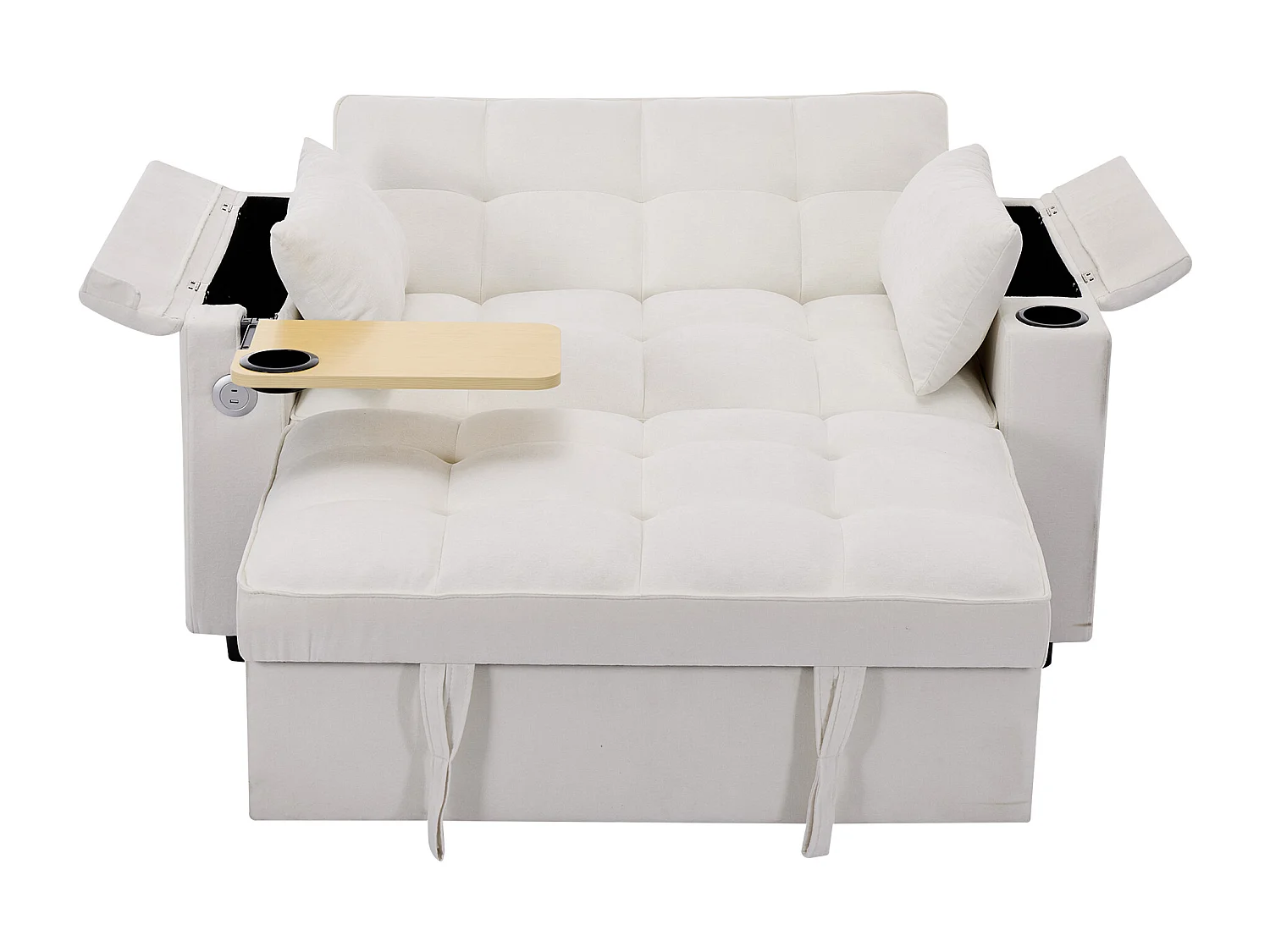 Canapé convertible 2 personnes 140.5x74x82 cm - Dossier réglable - Port USB - Porte-gobelet - Petite table d'appoint - Beige