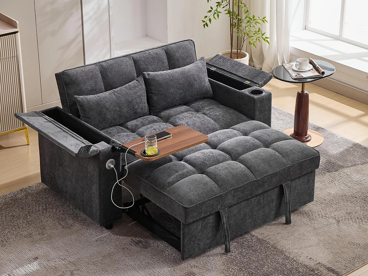 Uitklapbare 2-persoonsbank 140.5x74x82 cm - Verstelbare rugleuning - USB-poort - Drankhouder - Bijzettafeltje - Grijs