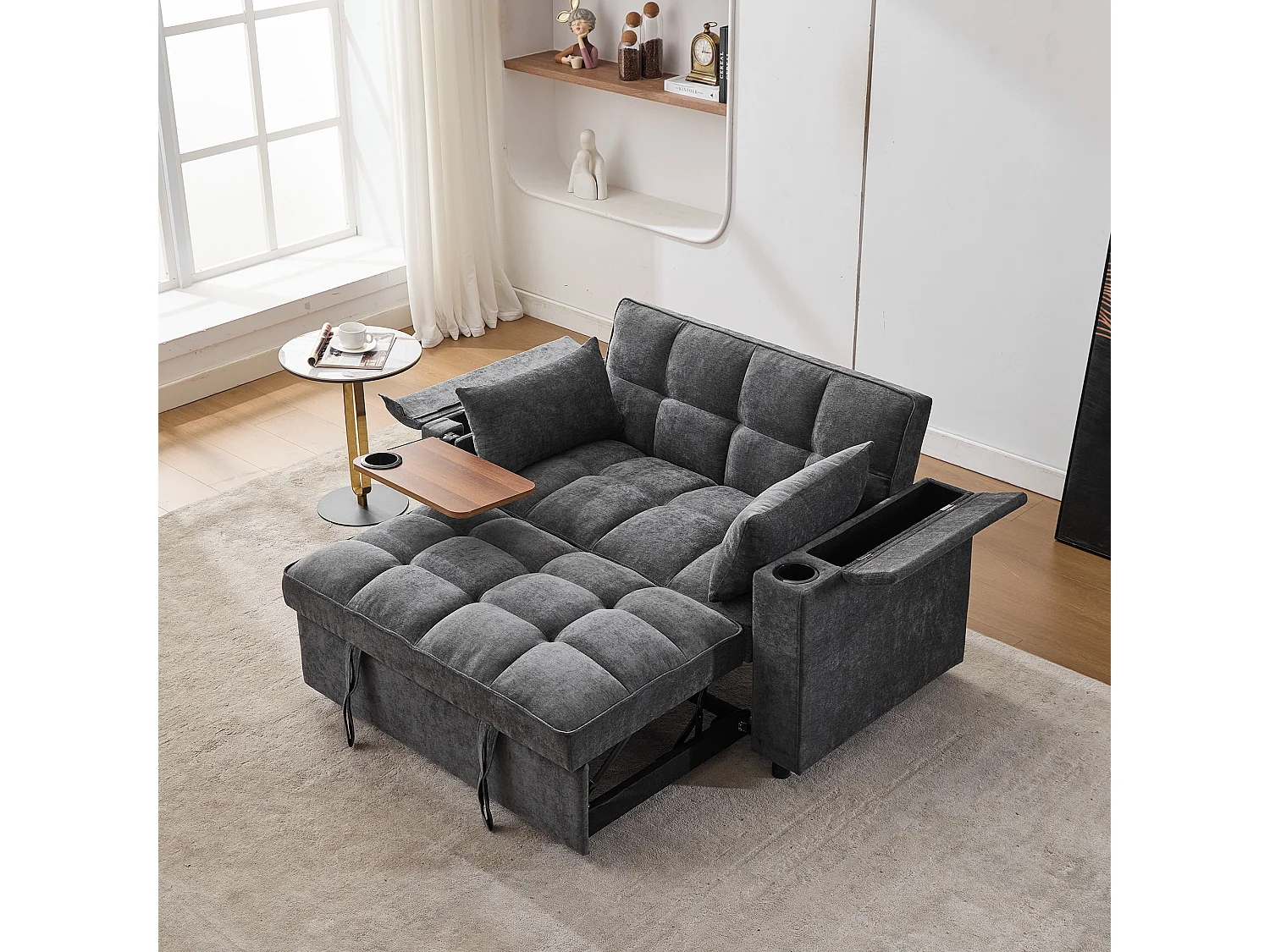 Uitklapbare 2-persoonsbank 140.5x74x82 cm - Verstelbare rugleuning - USB-poort - Drankhouder - Bijzettafeltje - Grijs