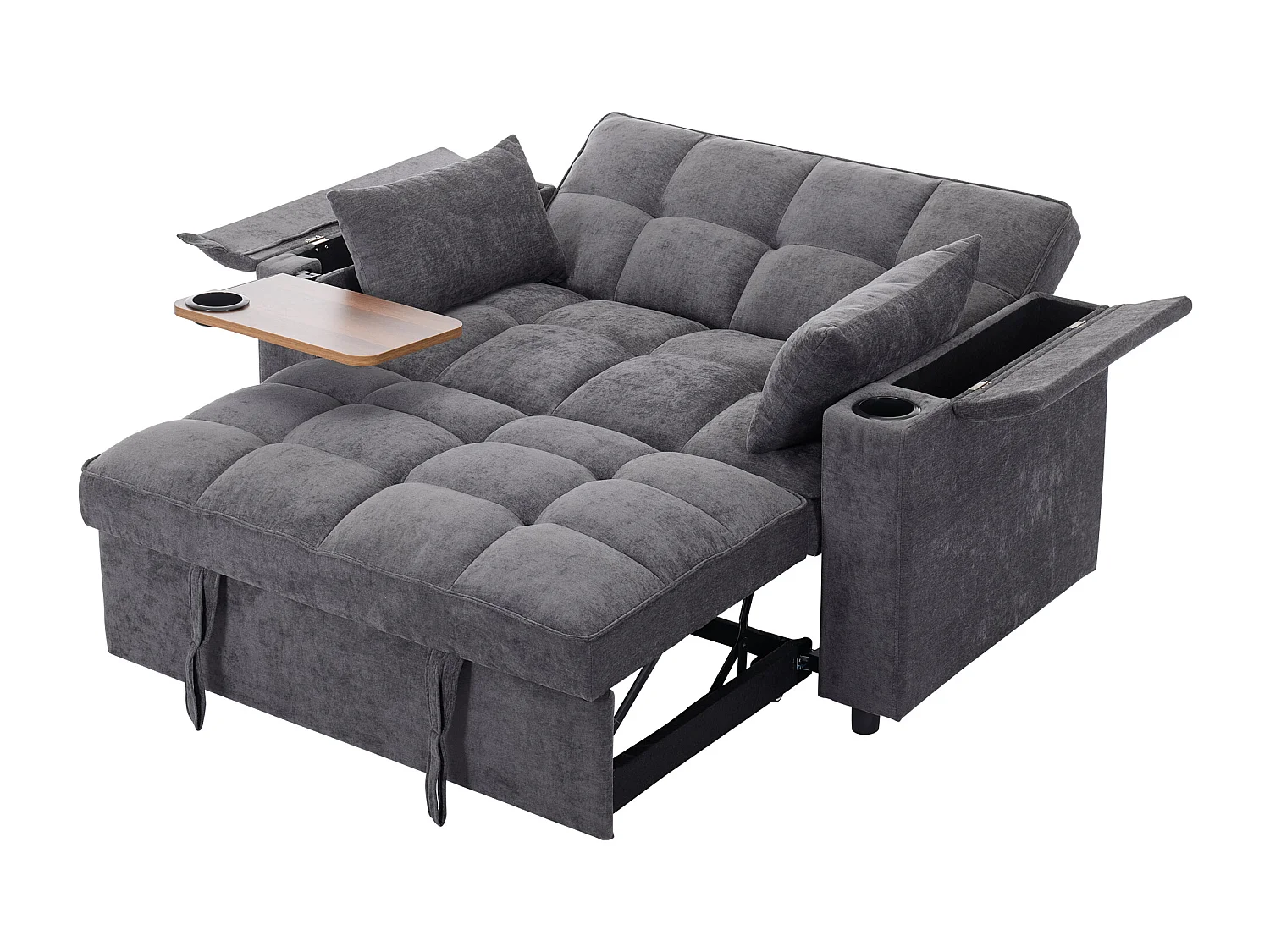 Uitklapbare 2-persoonsbank 140.5x74x82 cm - Verstelbare rugleuning - USB-poort - Drankhouder - Bijzettafeltje - Grijs