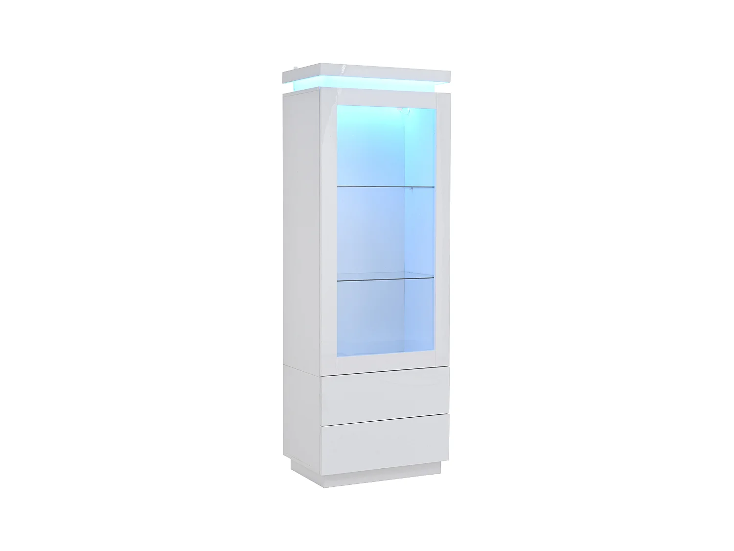Vitrine 60x40x171cm - avec 2 tiroirs et 1 porte - Avec éclairage LED - Finition brillante - Verre trempé - Blanc