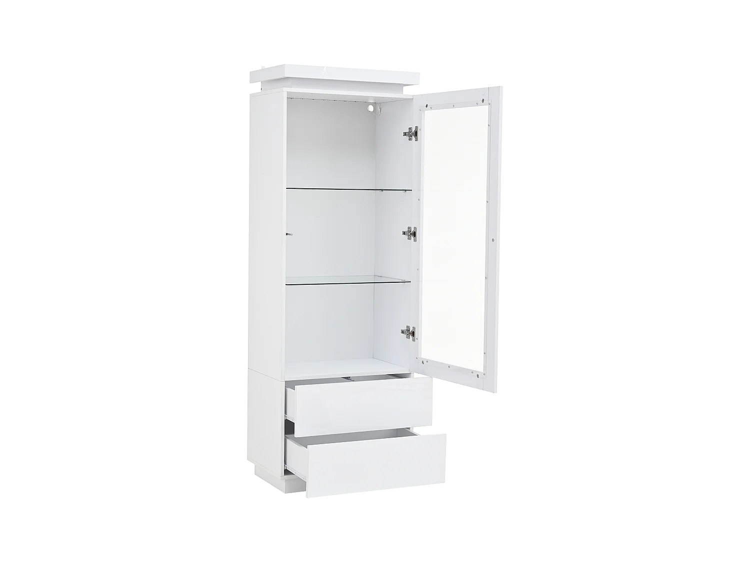 Vitrine 60x40x171cm - avec 2 tiroirs et 1 porte - Avec éclairage LED - Finition brillante - Verre trempé - Blanc