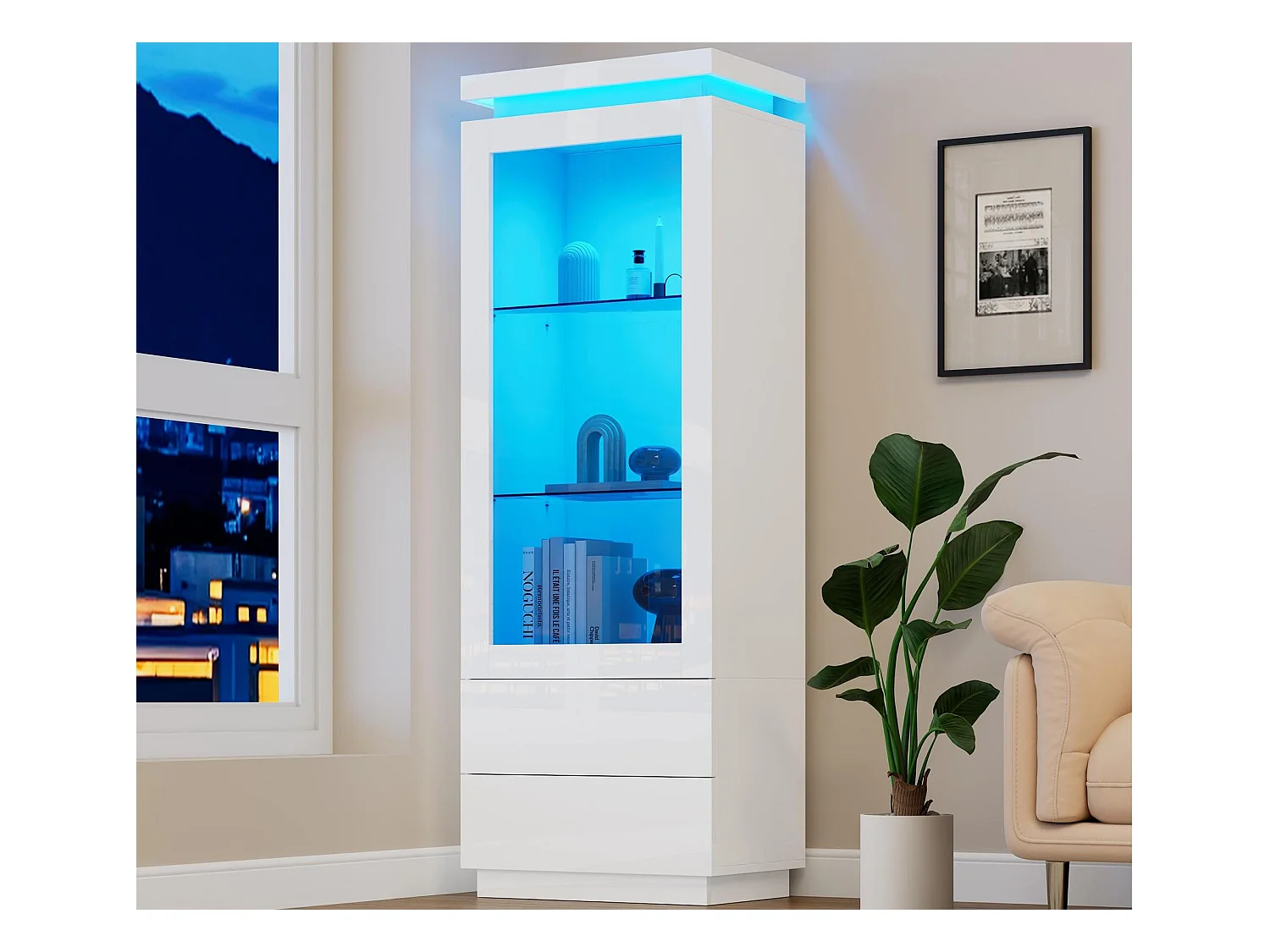 Witryna 60x40x171 cm - z 2 szufladami i 1 drzwiami - z oświetleniem LED - błyszczące wykończenie - szkło hartowane - biały