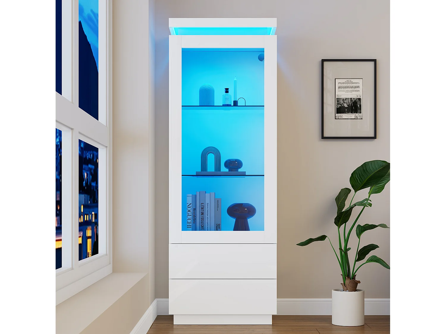 Vitrine 60x40x171cm - avec 2 tiroirs et 1 porte - Avec éclairage LED - Finition brillante - Verre trempé - Blanc