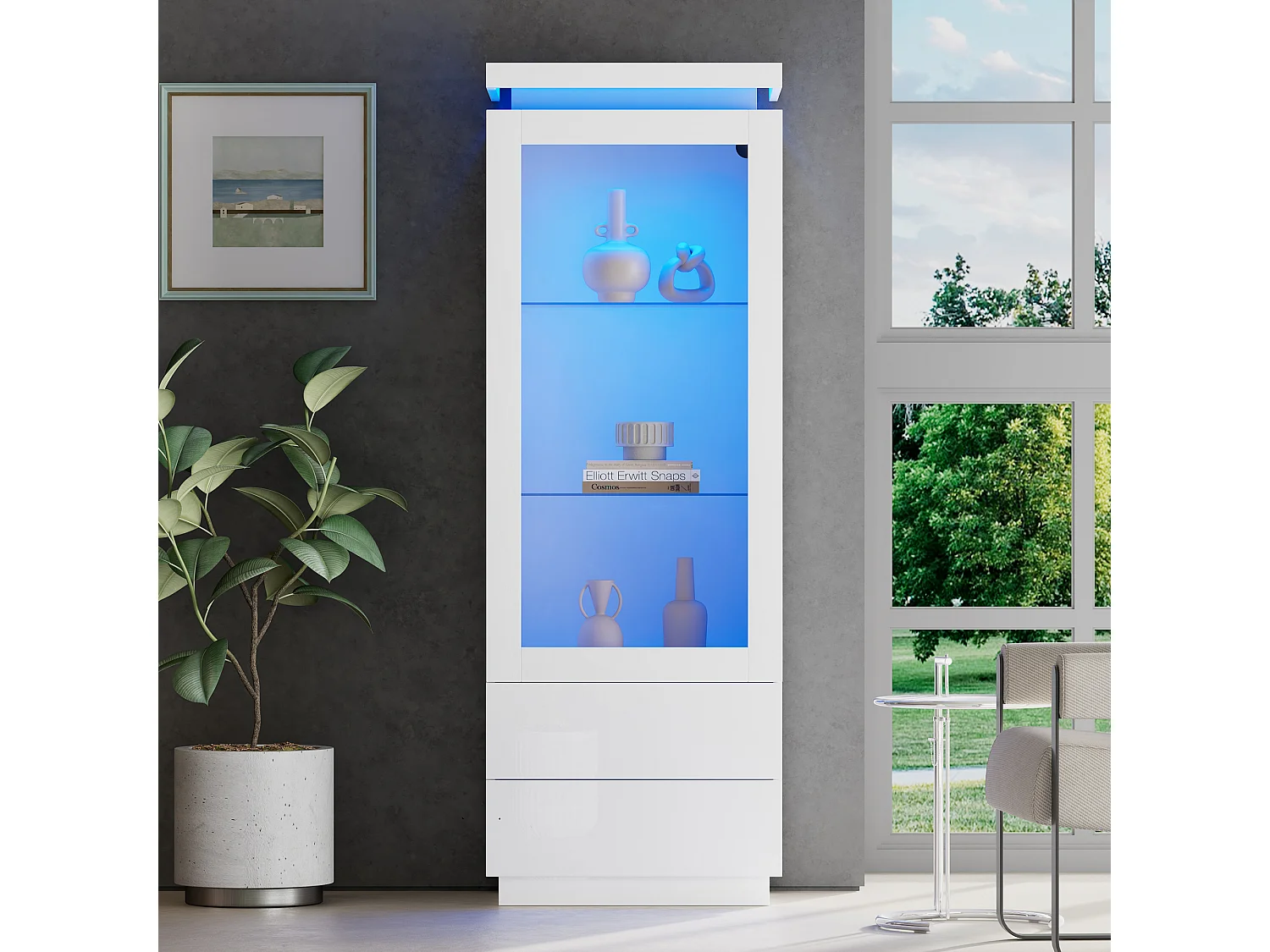 Vitrine 60x40x171cm - avec 2 tiroirs et 1 porte - Avec éclairage LED - Finition brillante - Verre trempé - Blanc
