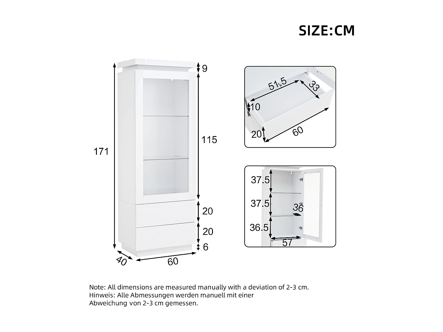 Vitrine 60x40x171cm - avec 2 tiroirs et 1 porte - Avec éclairage LED - Finition brillante - Verre trempé - Blanc