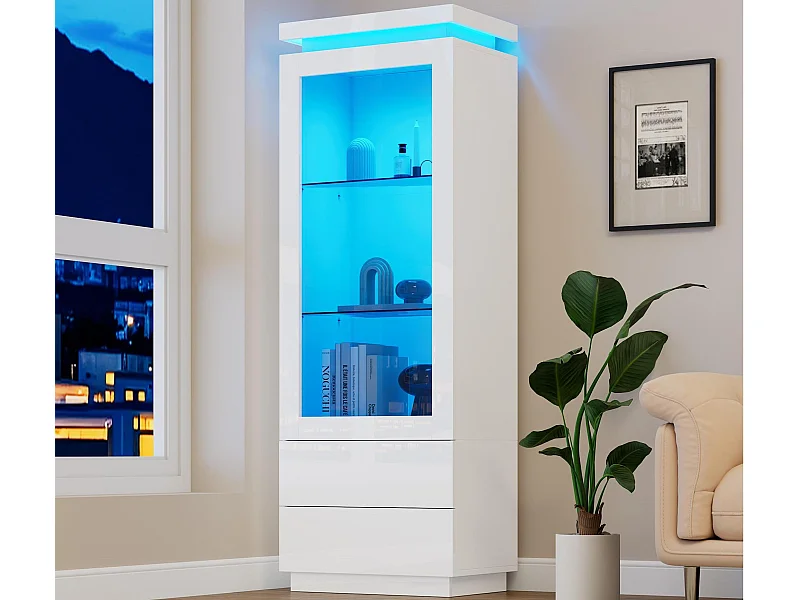 Vitrinekast 60x40x171 cm - met 2 laden en 1 deur - met LED-verlichting - hoge glans afwerking - gehard glas - wit