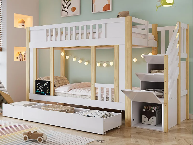 Kinder-Etagenbetten 90x200 cm - mit 3 Schubladen - mit einer kleinen Tafel - Leiter mit Stauraum - Weiß + Natur (ohne Matratze)