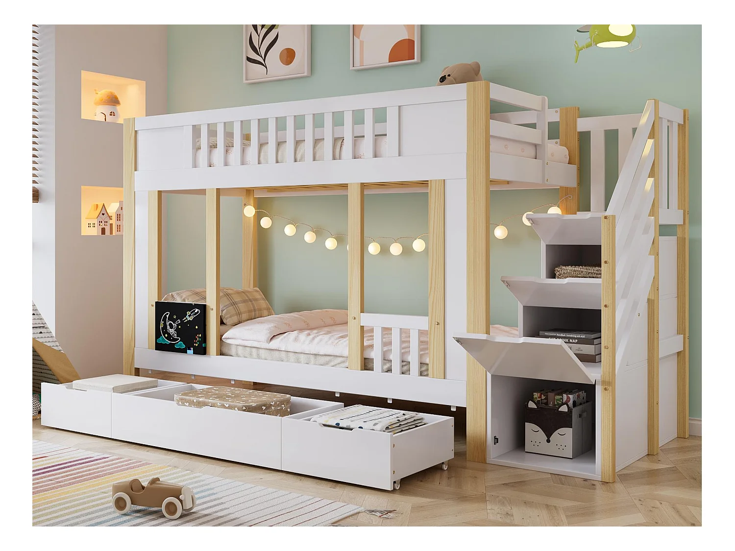 Lits superposés pour enfants 90x200cm - avec 3 tiroirs - avec un petit tableau noir - escalier avec rangement - Blanc + Naturel (sans matelas)