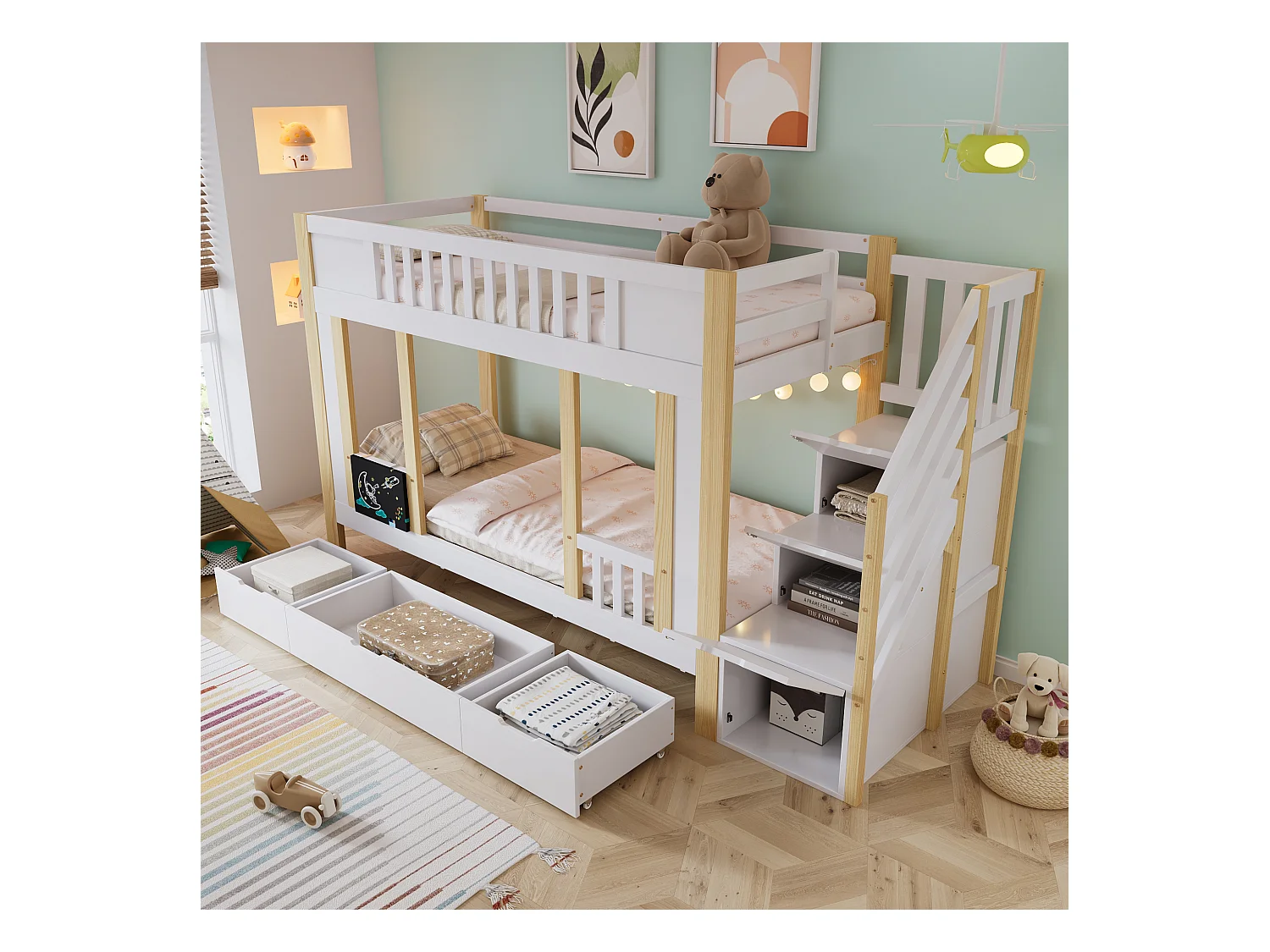 Lits superposés pour enfants 90x200cm - avec 3 tiroirs - avec un petit tableau noir - escalier avec rangement - Blanc + Naturel (sans matelas)