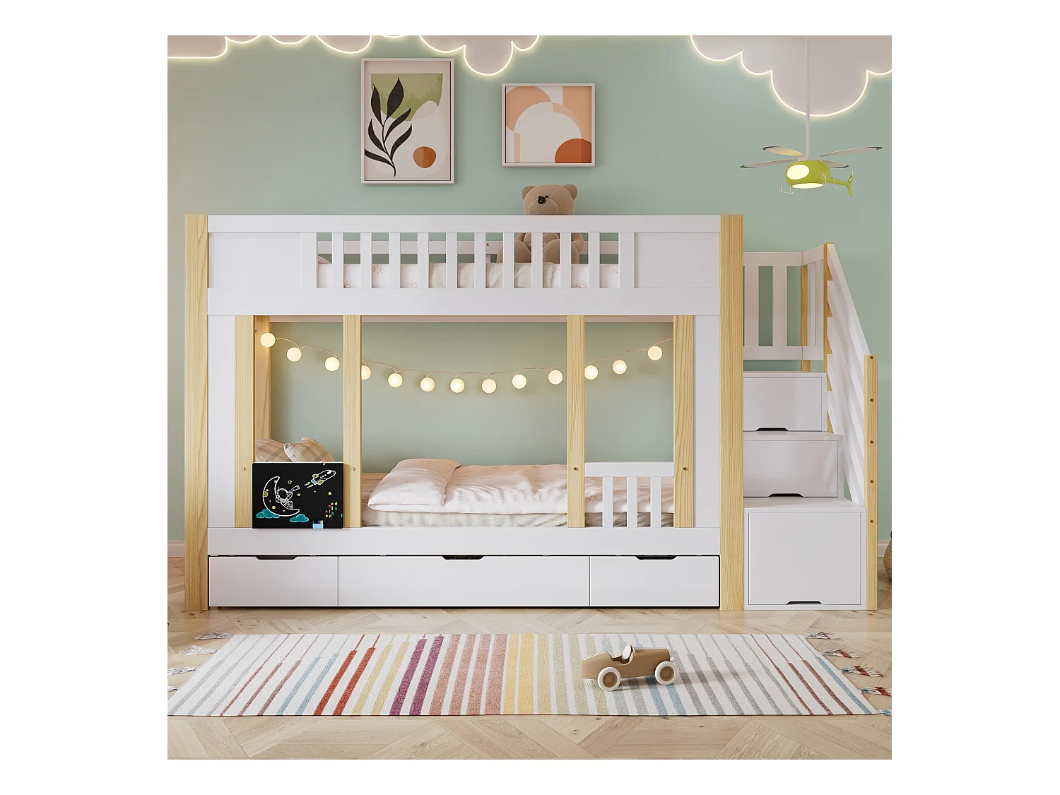 Lits superposés pour enfants 90x200cm - avec 3 tiroirs - avec un petit tableau noir - escalier avec rangement - Blanc + Naturel (sans matelas)