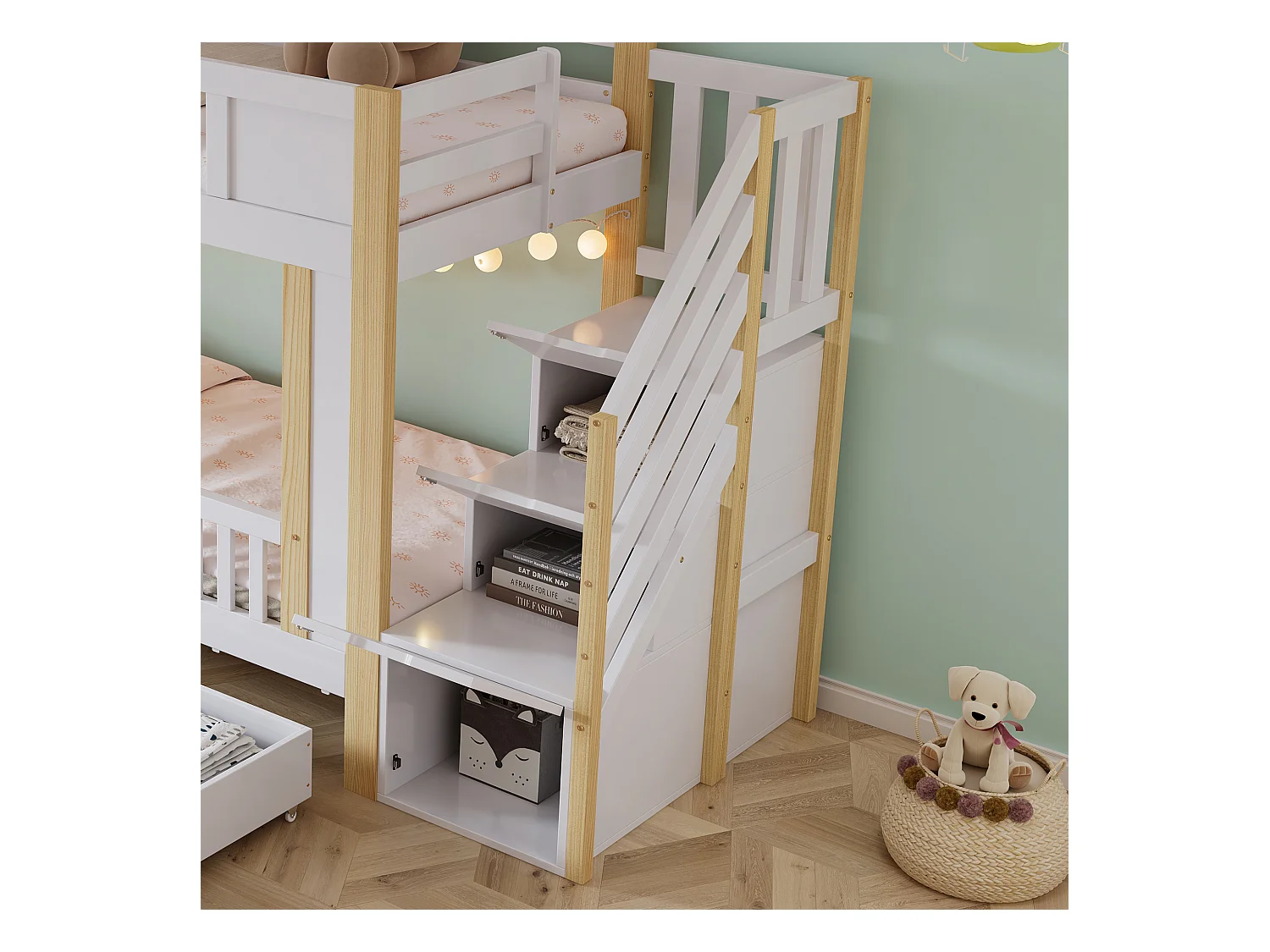 Lits superposés pour enfants 90x200cm - avec 3 tiroirs - avec un petit tableau noir - escalier avec rangement - Blanc + Naturel (sans matelas)