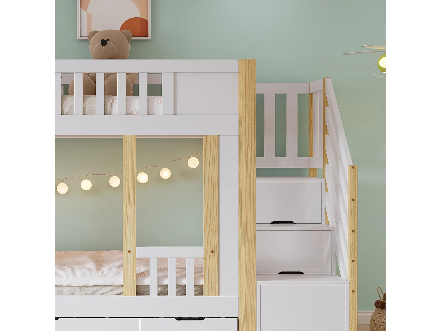 Lits superposés pour enfants 90x200cm - avec 3 tiroirs - avec un petit tableau noir - escalier avec rangement - Blanc + Naturel (sans matelas)