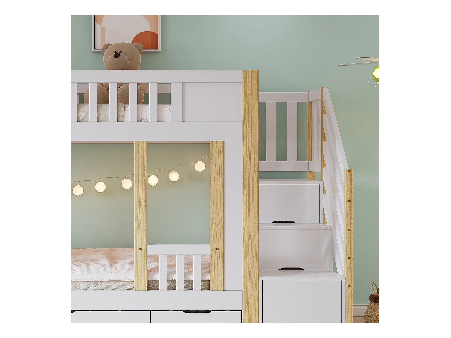 Lits superposés pour enfants 90x200cm - avec 3 tiroirs - avec un petit tableau noir - escalier avec rangement - Blanc + Naturel (sans matelas)