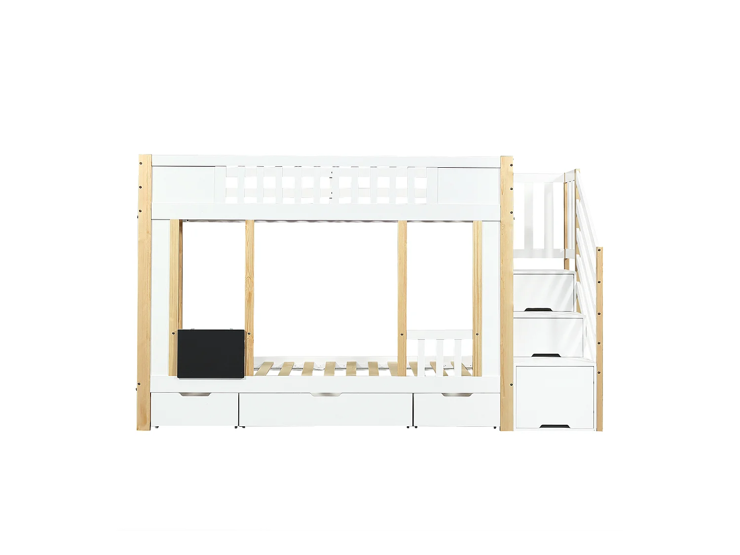 Lits superposés pour enfants 90x200cm - avec 3 tiroirs - avec un petit tableau noir - escalier avec rangement - Blanc + Naturel (sans matelas)