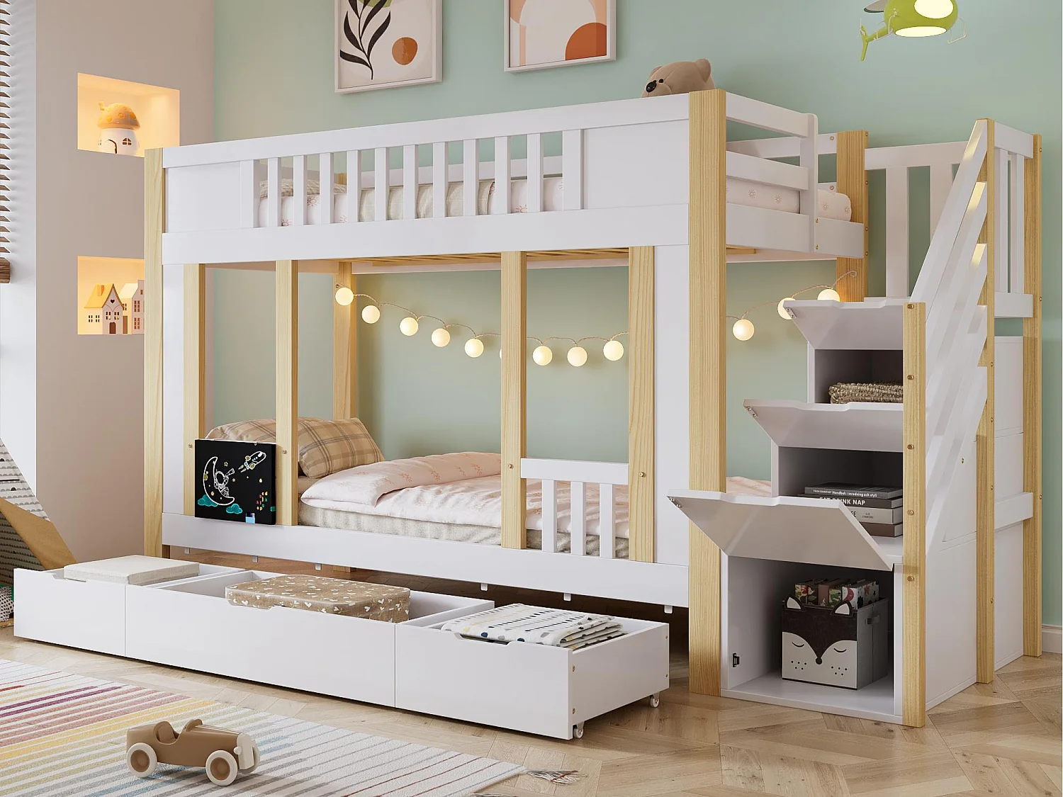 Kinder-Etagenbetten 90x200 cm - mit 3 Schubladen - mit einer kleinen Tafel - Leiter mit Stauraum - Weiß + Natur (ohne Matratze)