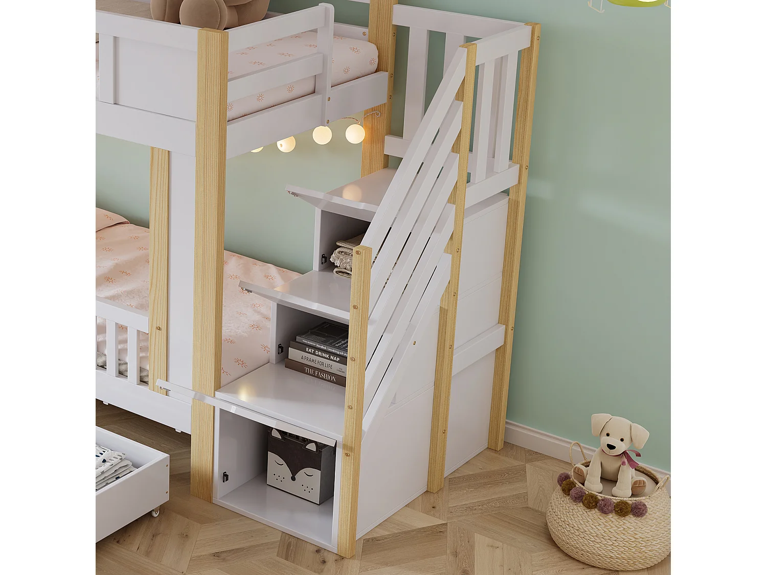 Kinder-Etagenbetten 90x200 cm - mit 3 Schubladen - mit einer kleinen Tafel - Leiter mit Stauraum - Weiß + Natur (ohne Matratze)
