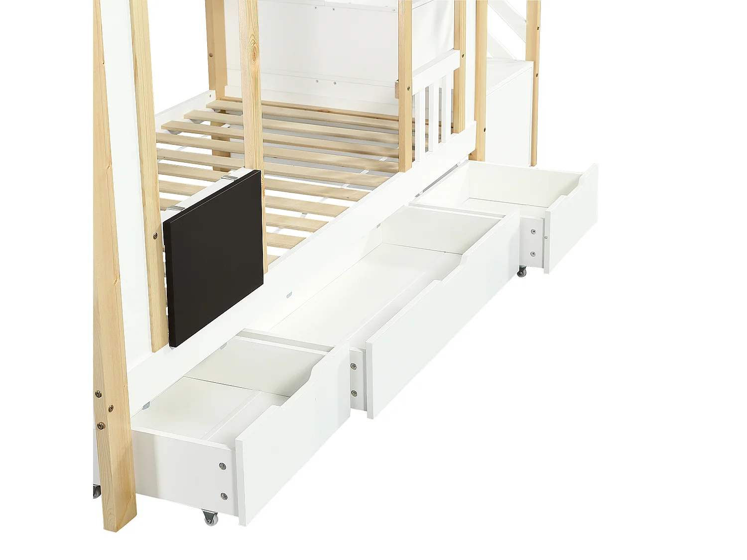 Kinder-Etagenbetten 90x200 cm - mit 3 Schubladen - mit einer kleinen Tafel - Leiter mit Stauraum - Weiß + Natur (ohne Matratze)