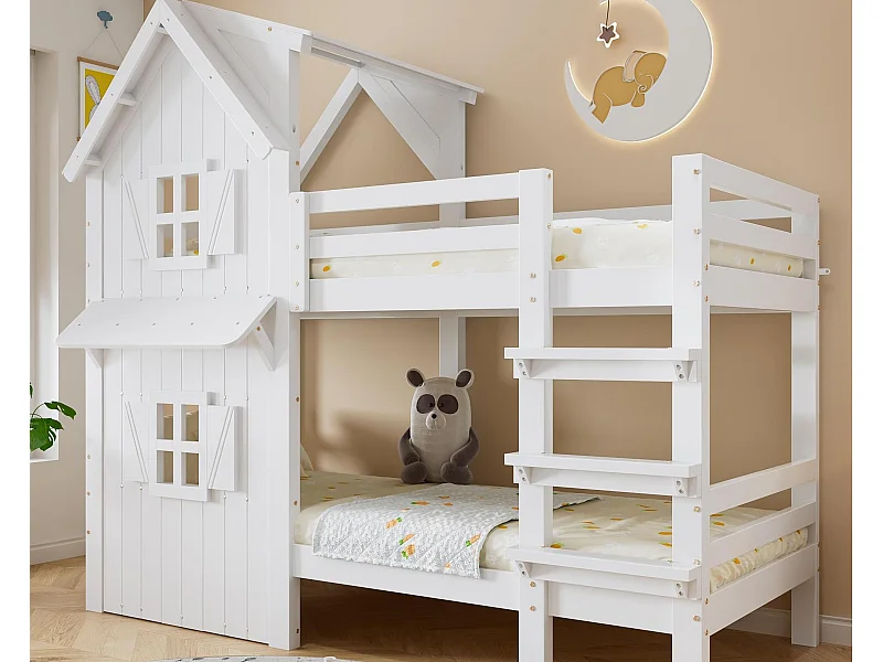 Kinder stapelbedden 90x200 cm - met mooie ramen en dak - met ladder van 3 treden - massief hout + MDF + triplex - Wit