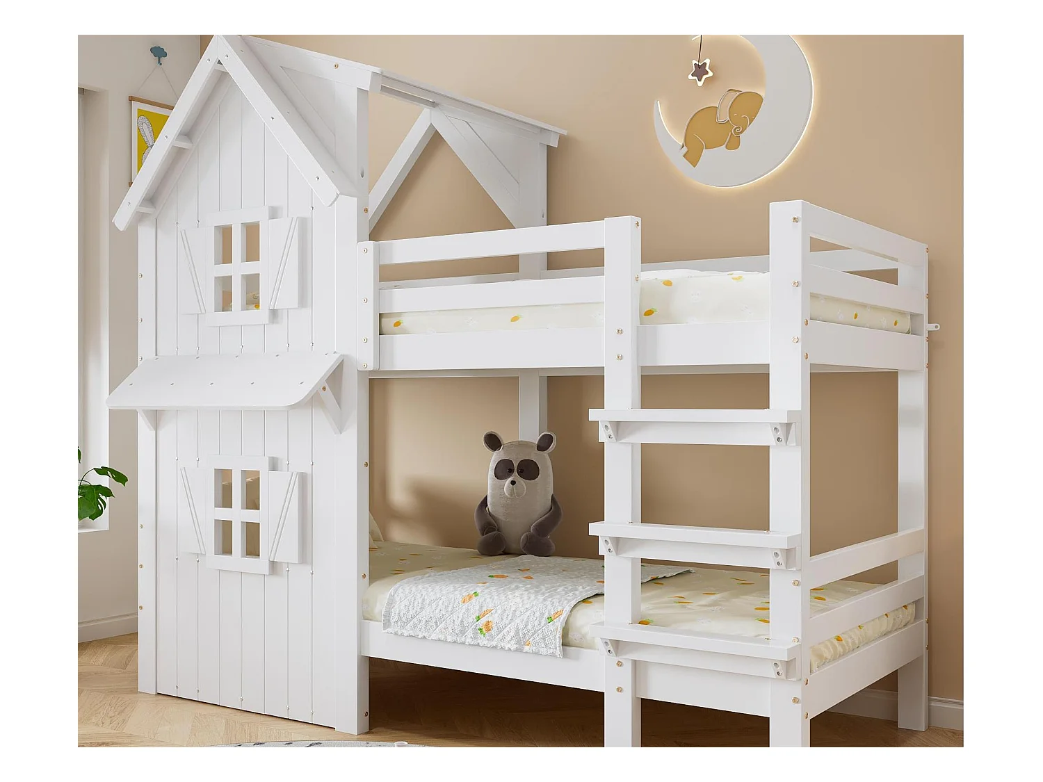 Lits superposés pour enfants 90x200cm - avec de belles fenêtres et un toit - avec échelle à 3 marches - bois massif + MDF + contreplaqué - Blanc