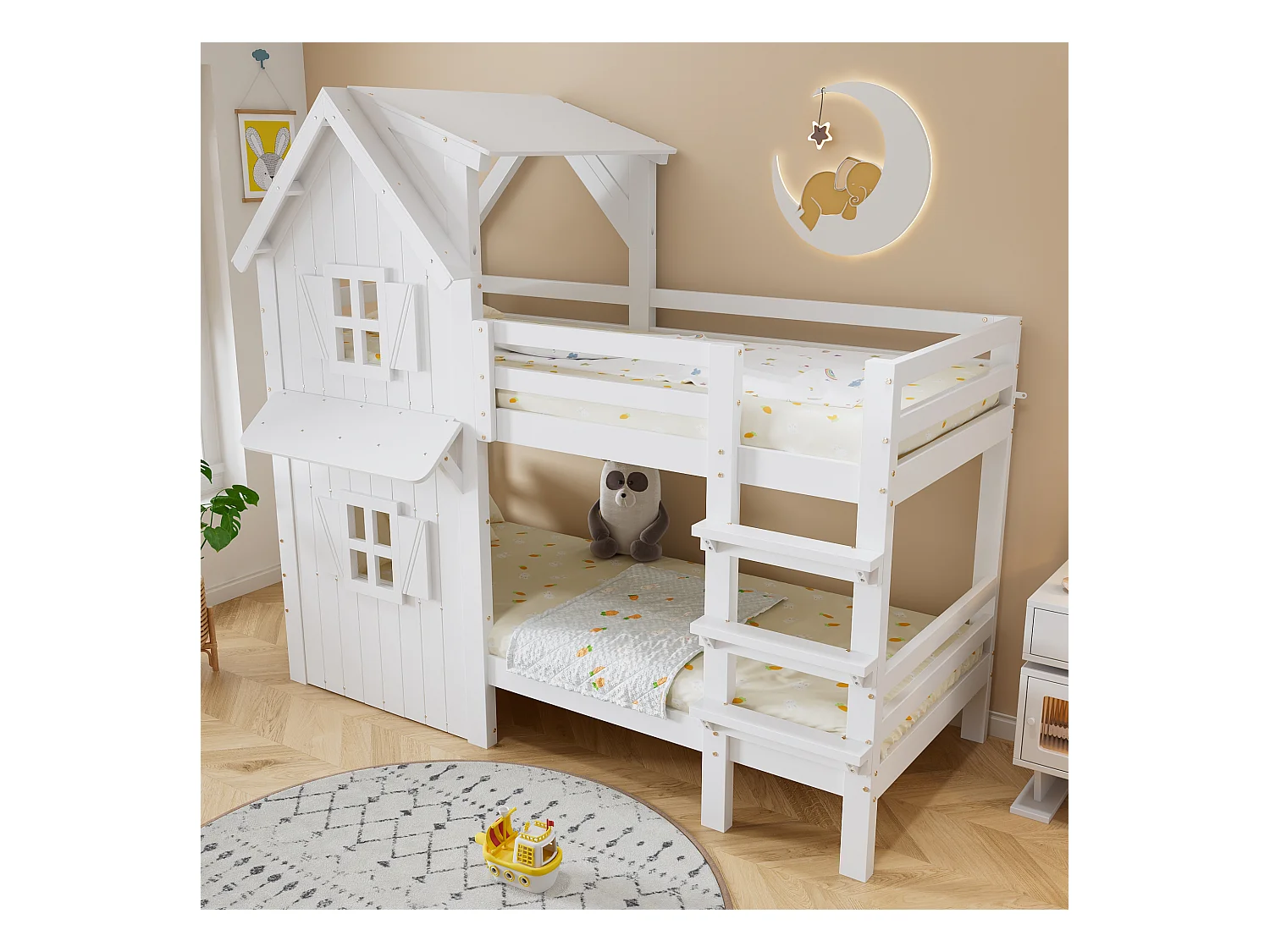 Lits superposés pour enfants 90x200cm - avec de belles fenêtres et un toit - avec échelle à 3 marches - bois massif + MDF + contreplaqué - Blanc