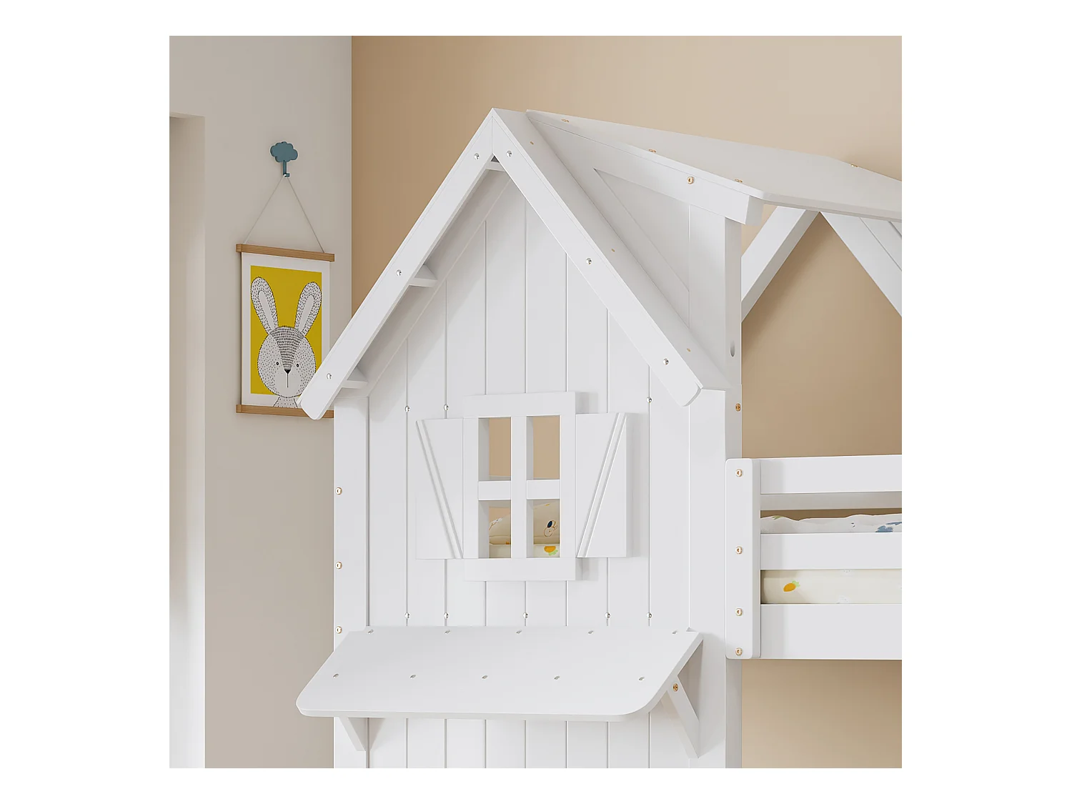 Lits superposés pour enfants 90x200cm - avec de belles fenêtres et un toit - avec échelle à 3 marches - bois massif + MDF + contreplaqué - Blanc