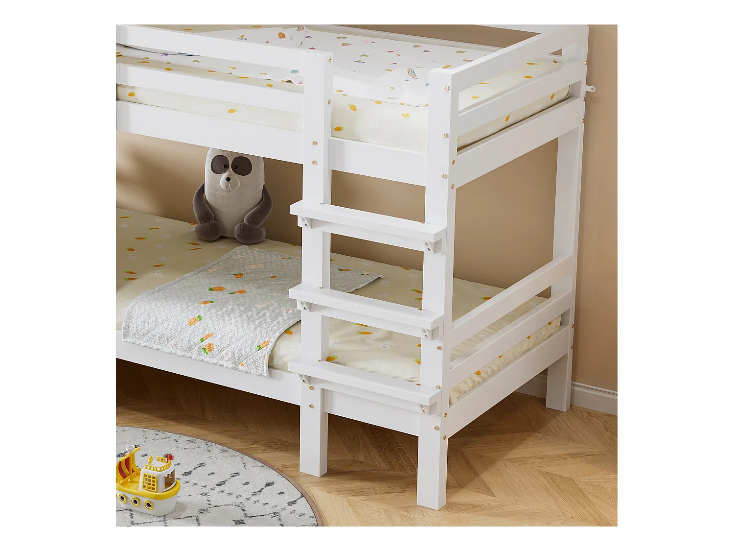 Lits superposés pour enfants 90x200cm - avec de belles fenêtres et un toit - avec échelle à 3 marches - bois massif + MDF + contreplaqué - Blanc