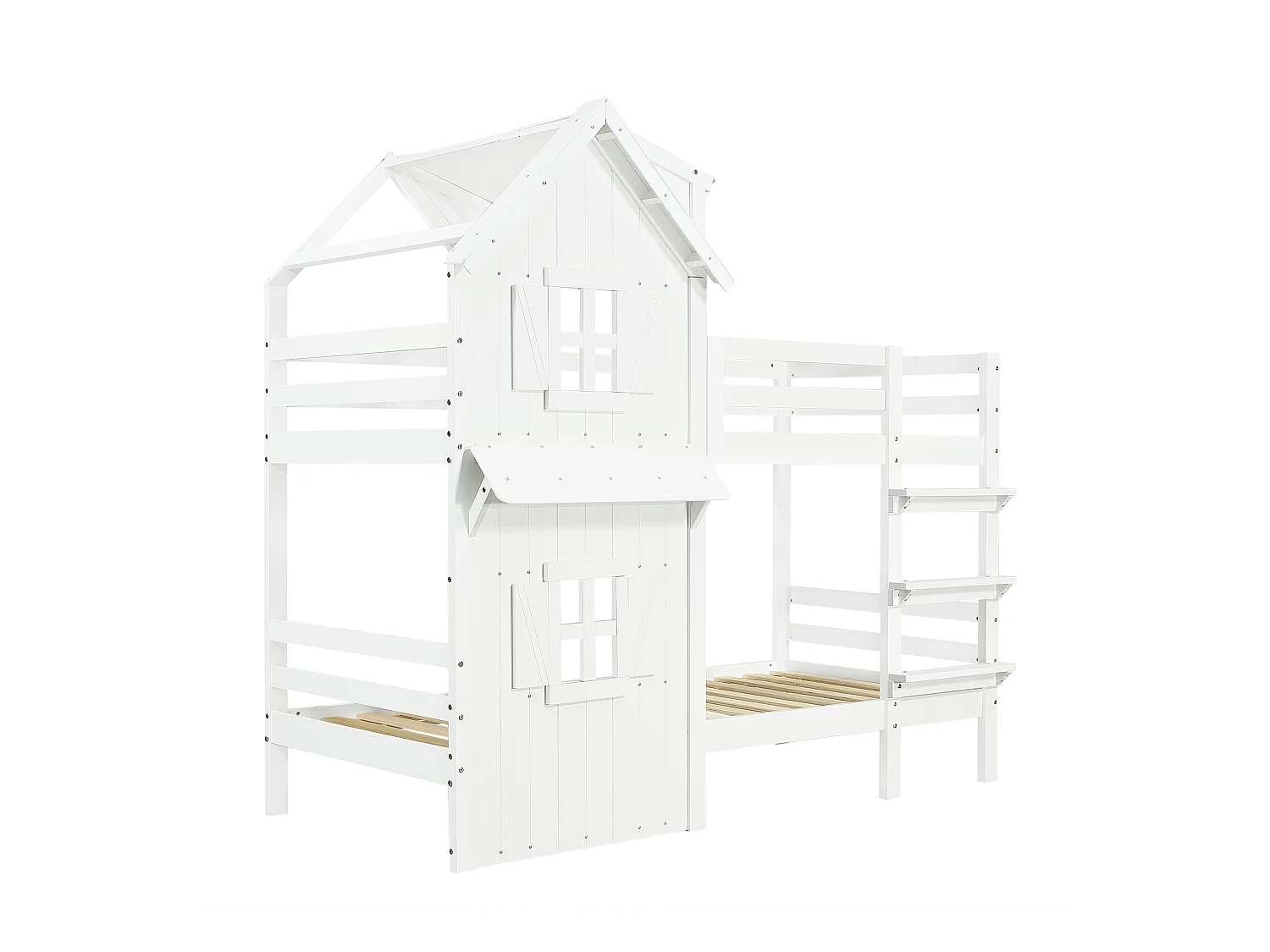 Lits superposés pour enfants 90x200cm - avec de belles fenêtres et un toit - avec échelle à 3 marches - bois massif + MDF + contreplaqué - Blanc