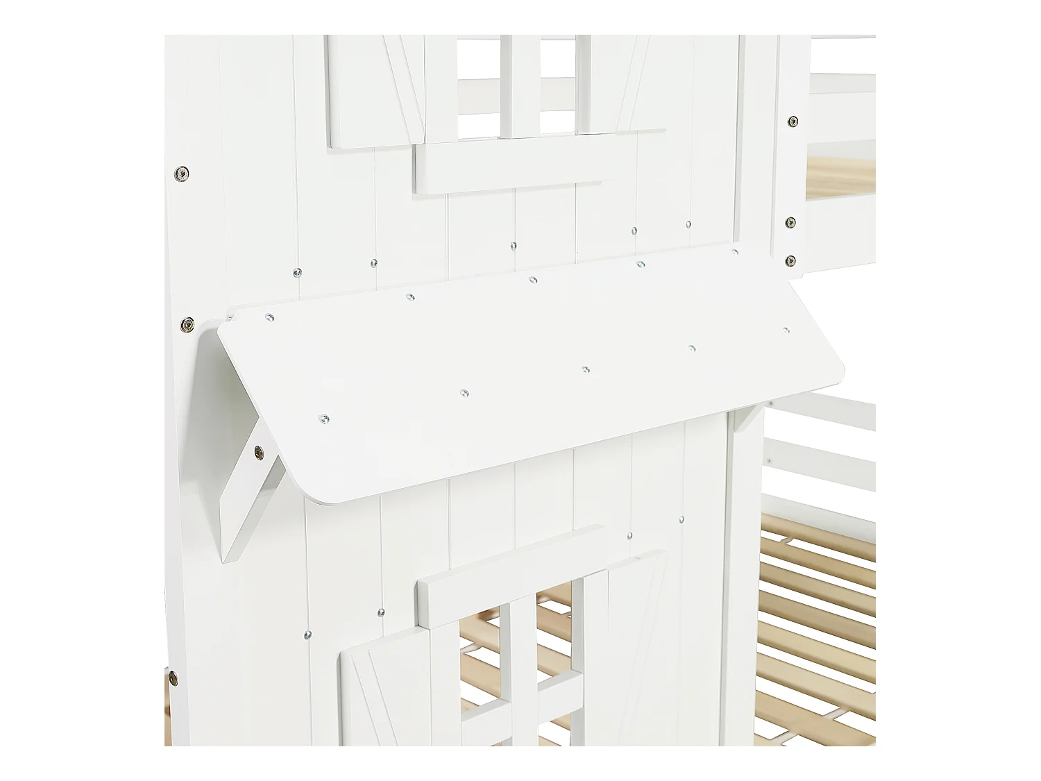 Lits superposés pour enfants 90x200cm - avec de belles fenêtres et un toit - avec échelle à 3 marches - bois massif + MDF + contreplaqué - Blanc