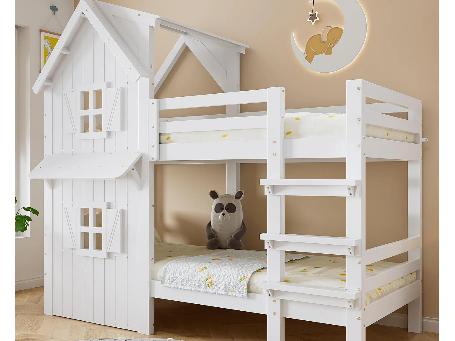 Lits superposés pour enfants 90x200cm - avec de belles fenêtres et un toit - avec échelle à 3 marches - bois massif + MDF + contreplaqué - Blanc