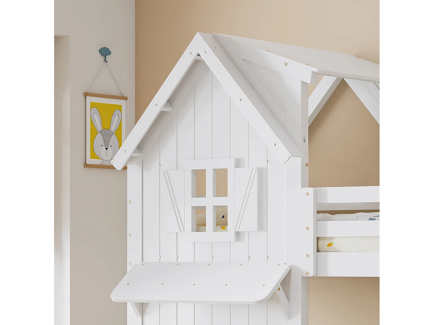 Lits superposés pour enfants 90x200cm - avec de belles fenêtres et un toit - avec échelle à 3 marches - bois massif + MDF + contreplaqué - Blanc