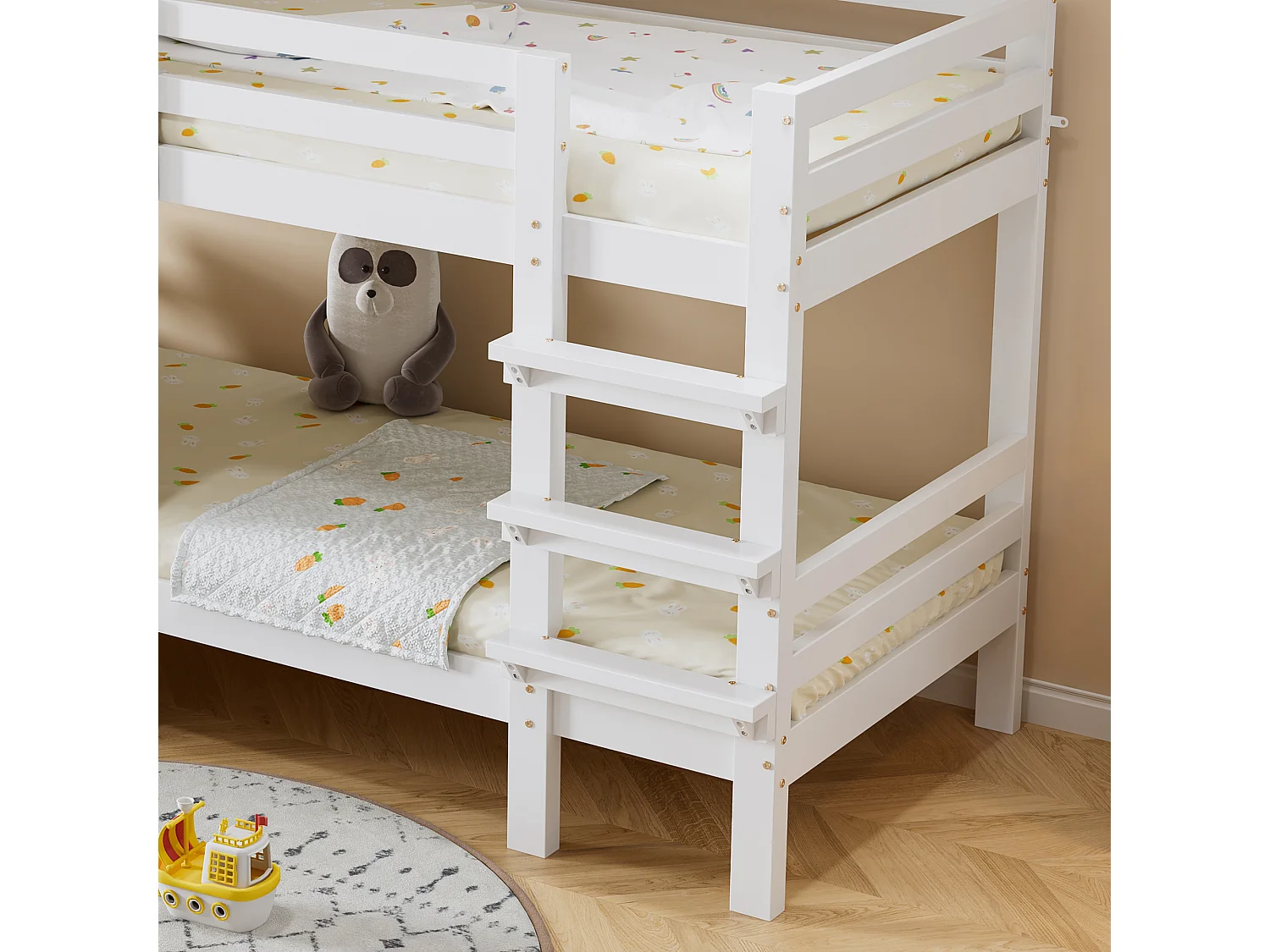 Lits superposés pour enfants 90x200cm - avec de belles fenêtres et un toit - avec échelle à 3 marches - bois massif + MDF + contreplaqué - Blanc