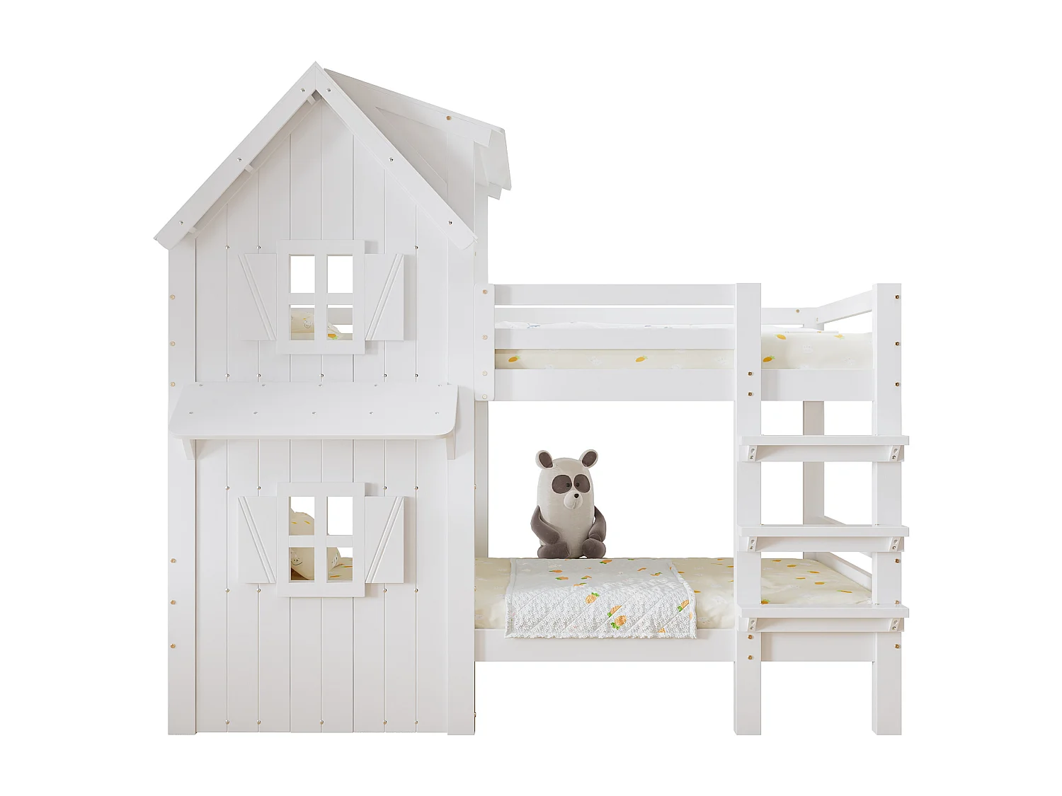 Lits superposés pour enfants 90x200cm - avec de belles fenêtres et un toit - avec échelle à 3 marches - bois massif + MDF + contreplaqué - Blanc