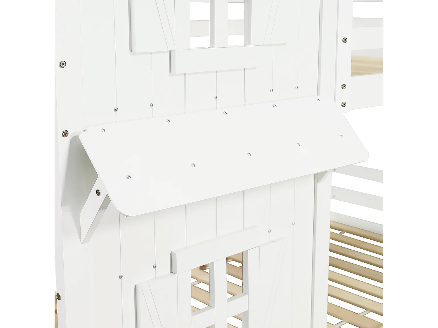 Lits superposés pour enfants 90x200cm - avec de belles fenêtres et un toit - avec échelle à 3 marches - bois massif + MDF + contreplaqué - Blanc