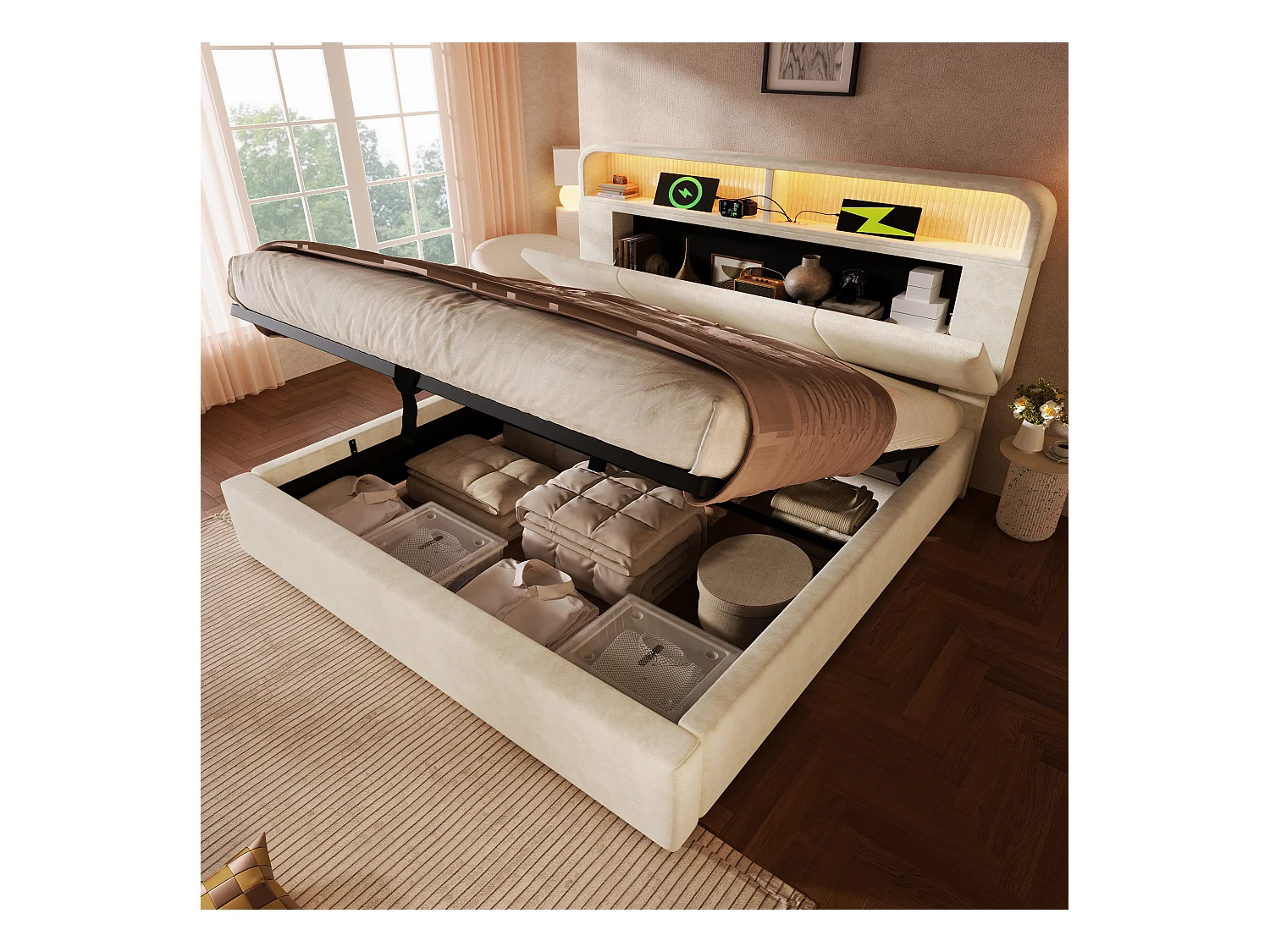 Lit coffre rembourré 140x200cm - avec éclairage LED - avec ports USB et Type-C - avec tête de lit réglable en hauteur - velours - Beige (sans matelas)