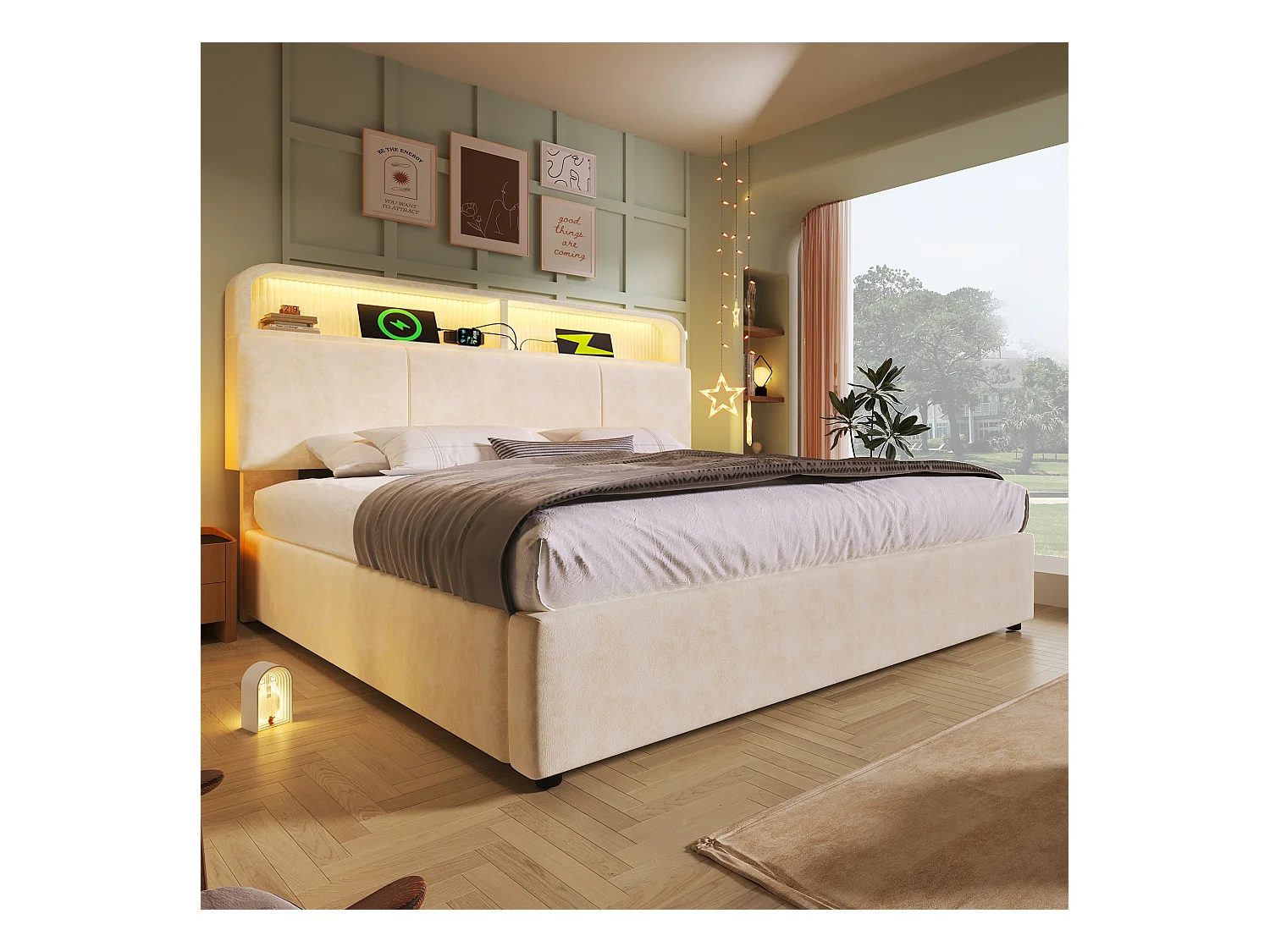 Lit coffre rembourré 140x200cm - avec éclairage LED - avec ports USB et Type-C - avec tête de lit réglable en hauteur - velours - Beige (sans matelas)