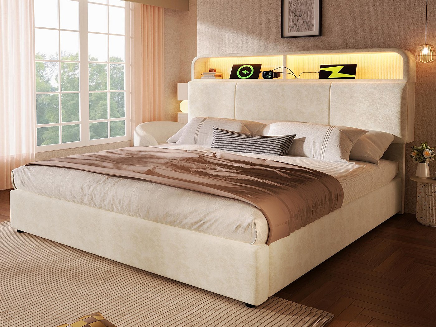 Letto imbottito 140x200, letto matrimoniale con testiera LED e funzione di ricarica USB C e 4